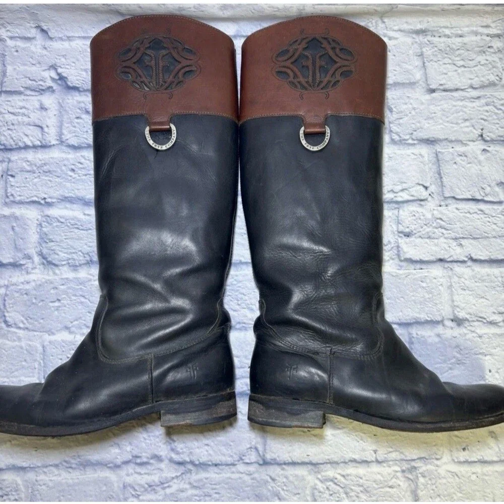 Frye Melissa Logo Black & Brown Leather Knee High Boots 76436 Women's 8